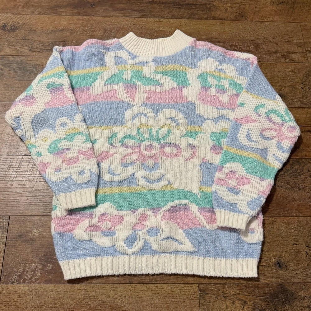 Vintage Pastel Floral Metallic Knit Sweater Oversized Crewneck Blue Pink Lurex